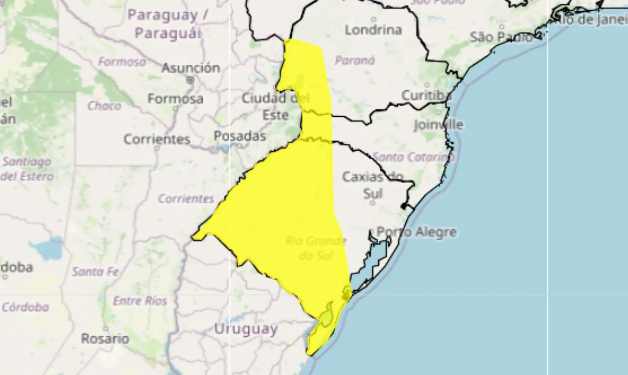 o mapa mostra &agrave;s &aacute;reas em alerta para chuva intensa e ventos